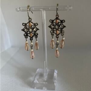 Vintage Chandelier Dangle Earrings Filigree Peach Teardrop Rhinestones Boho Glam
